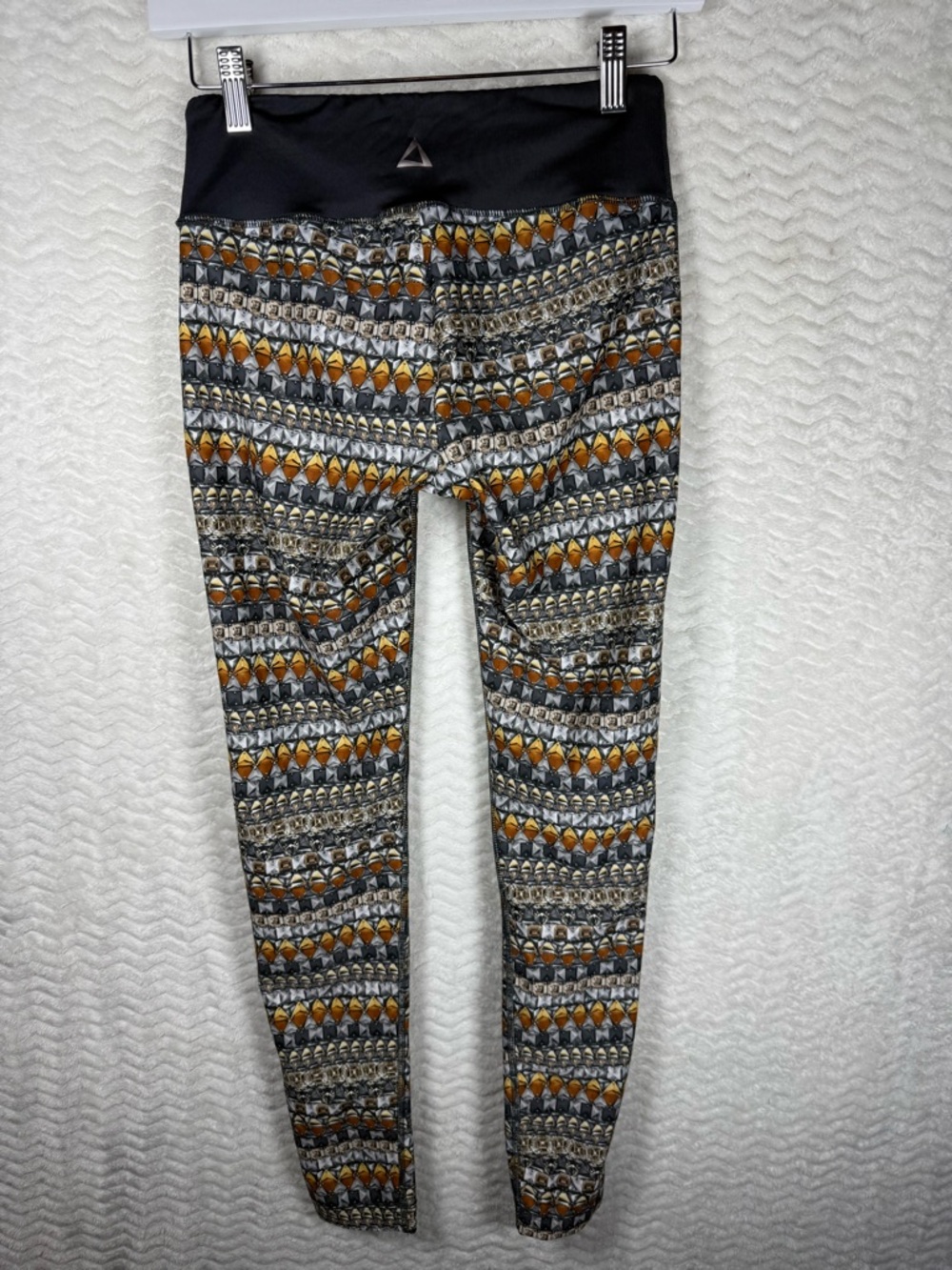 PRISMSPORT Black Waistband Geometric Patterned Leggings with Orange Accents - Picture 11 of 12